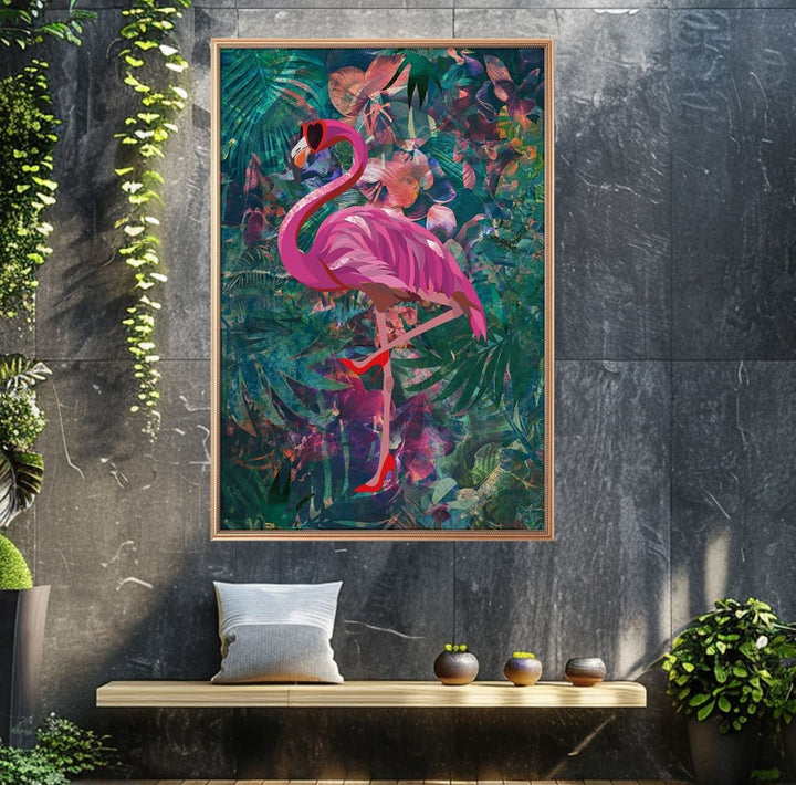 FLAMINGO IN TROPICAL FLOWER JUNGLE