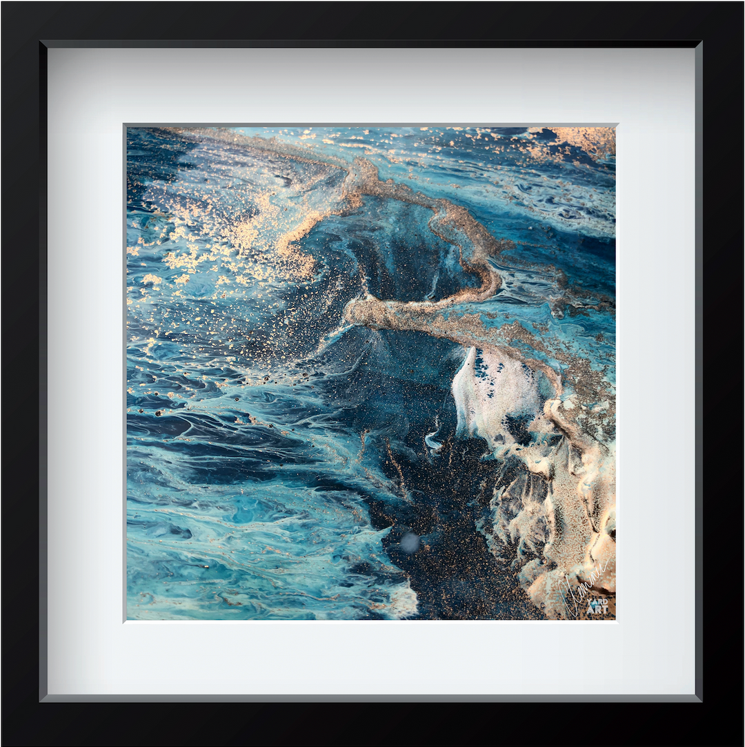 Framed abstract artwork with swirling blue and gold colors