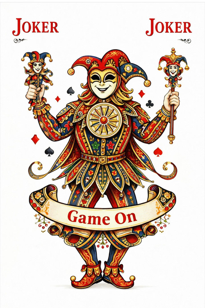 Colorful illustration of a jester with 'Joker' text on a white background