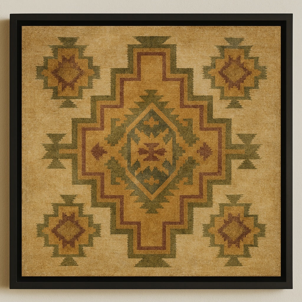 Framed geometric patterned artwork on a beige background