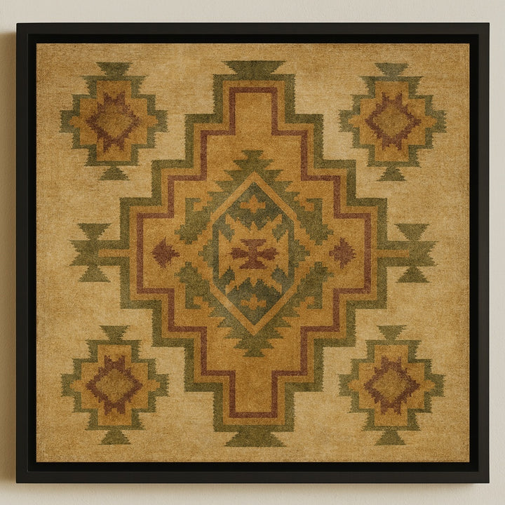 Framed geometric patterned artwork on a beige background
