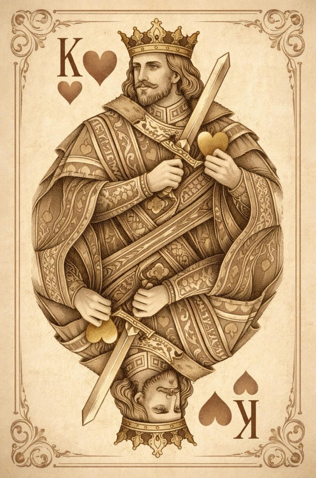 King of Hearts playing card with detailed artwork on a beige background