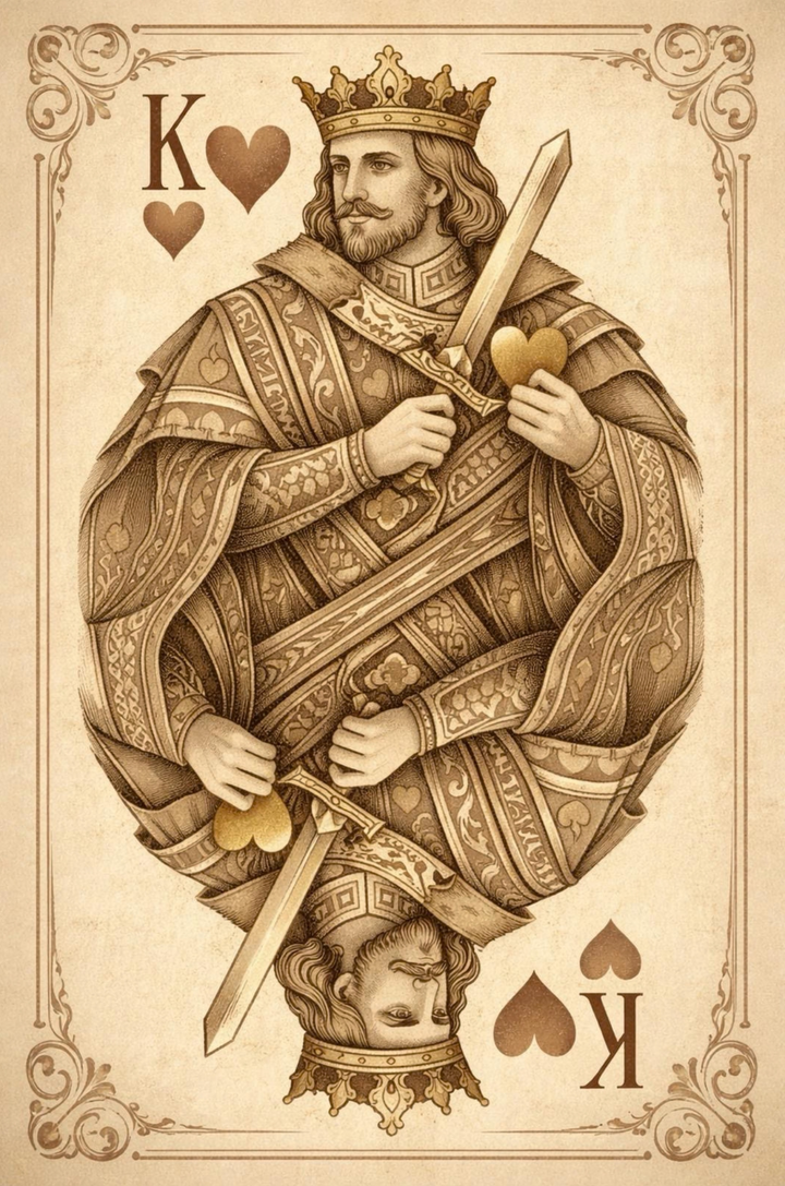 King of Hearts playing card with detailed artwork on a beige background