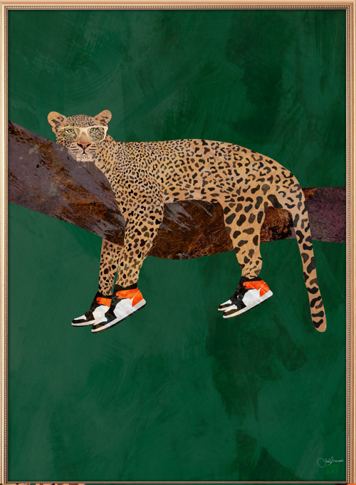 An acrylic print featuring a leopard wearing sneakers against a green background, with a 3D effect frame.