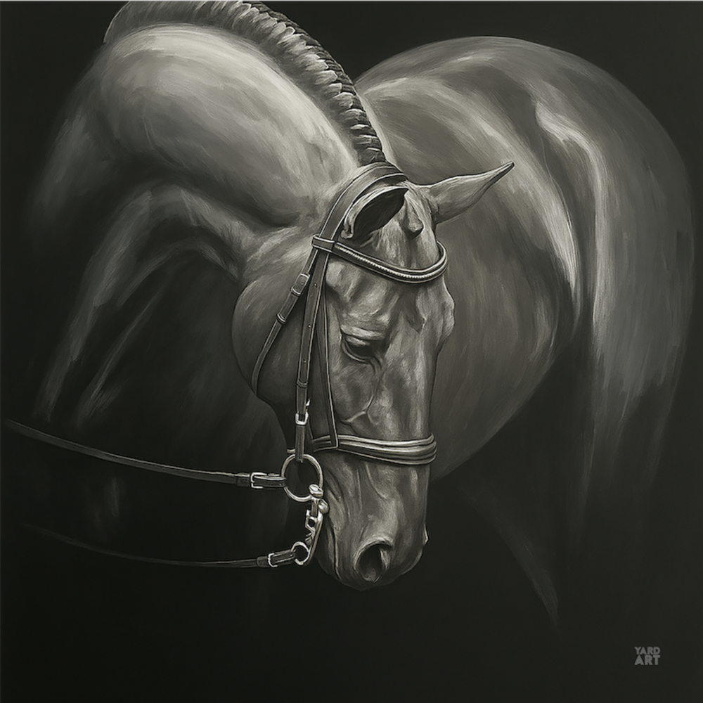Artistic depiction of a horse's head with bridle on a dark background