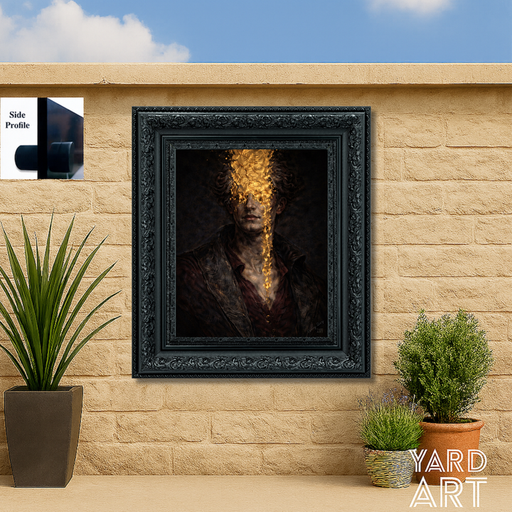 Framed artwork on a stone wall with plants below