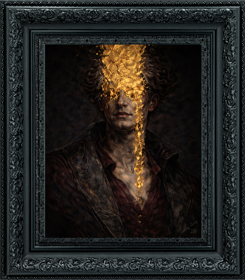 Framed artwork of a person with glowing golden energy effect on a dark background