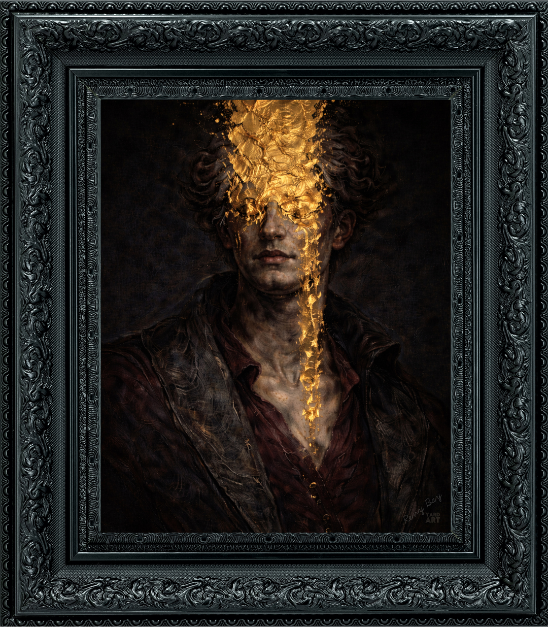 Framed artwork of a person with glowing golden energy effect on a dark background