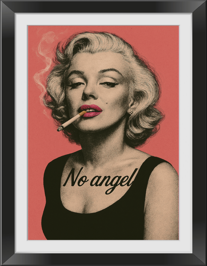 A framed outdoor acrylic print of Marilyn Monroe with the text 'No angel' on a rose background, displayed on a brick wall.
