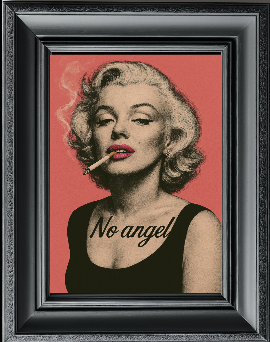 A framed outdoor acrylic print of Marilyn Monroe with the text 'No angel' on a rose background, displayed on a brick wall.