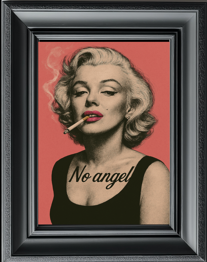 A framed outdoor acrylic print of Marilyn Monroe with the text 'No angel' on a rose background, displayed on a brick wall.