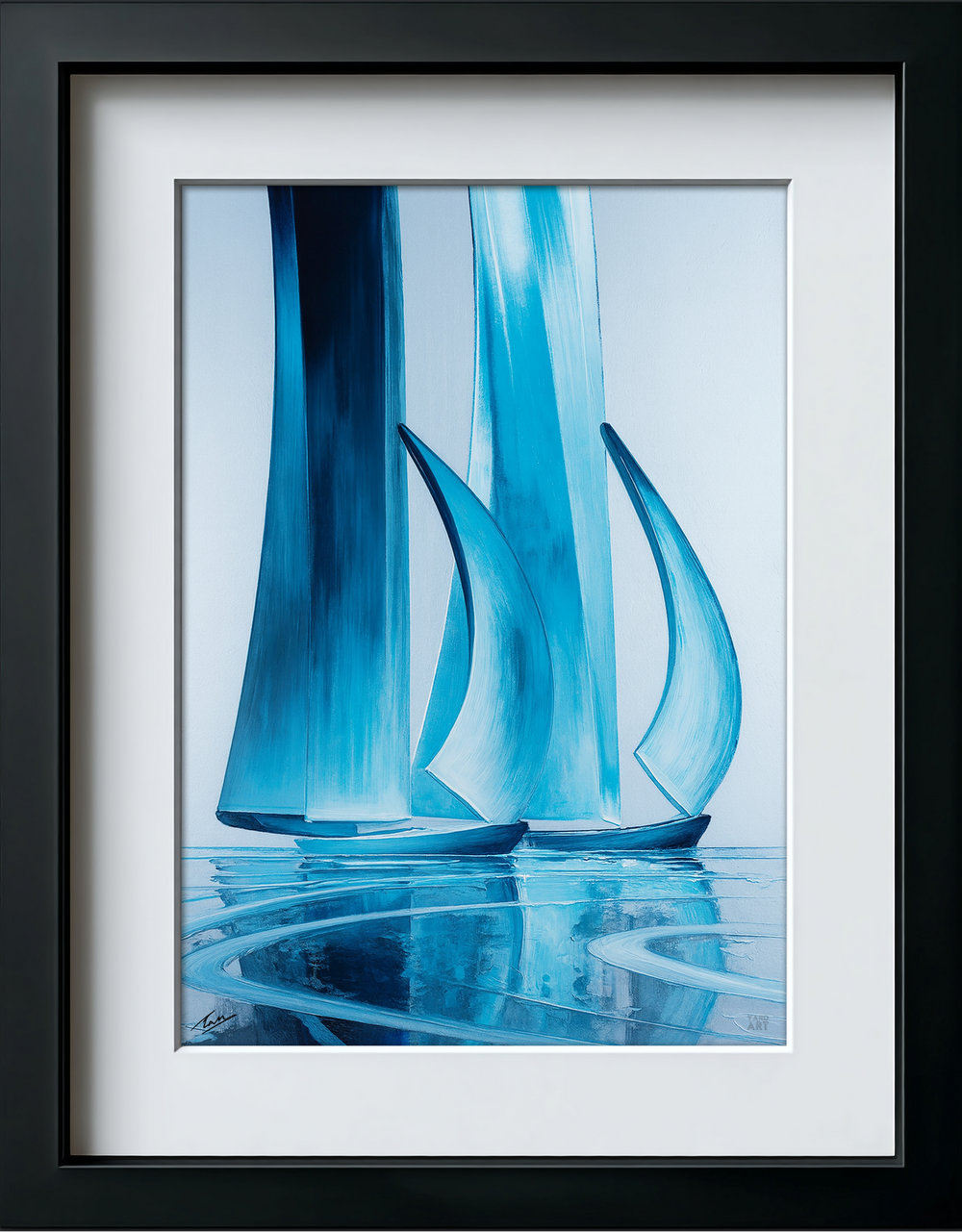 Framed artwork of blue glass sculptures on a reflective surface
