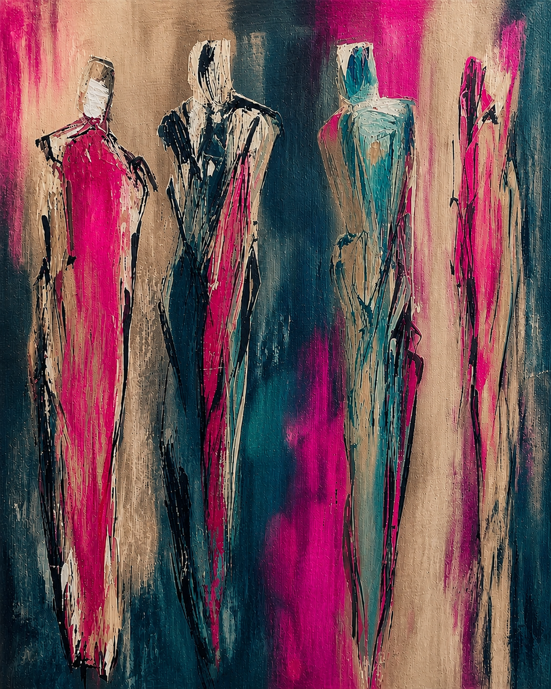 Abstract art with three stylized figures against a multicolored background