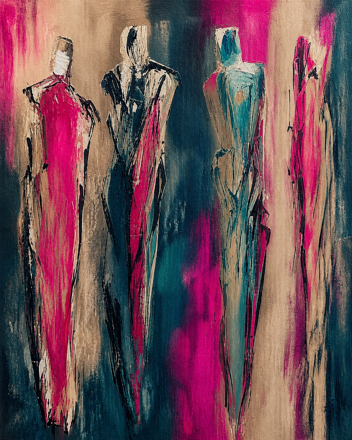Abstract art with three stylized figures against a multicolored background