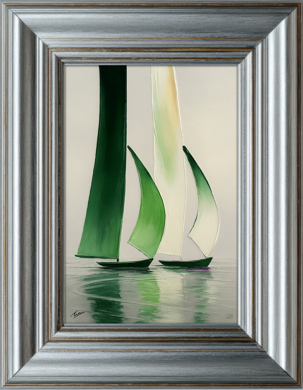 Sailing boat green in silver frame nantucket