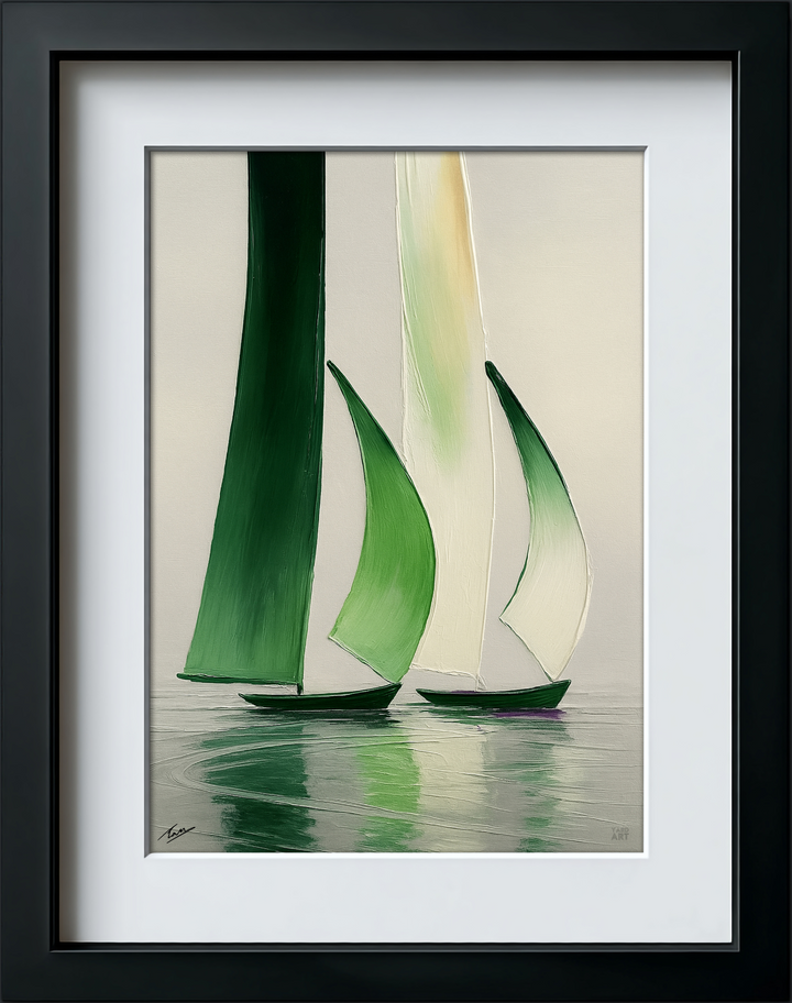 Framed artwork of sailboats with green sails on a white background