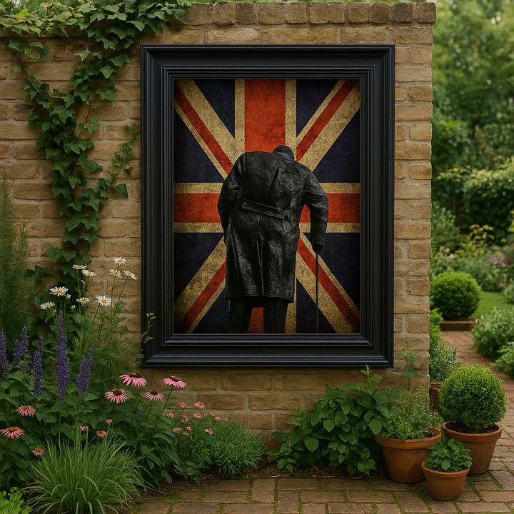 An acrylic print with a 3D effect frame depicting Winston Churchill from behind in a garden setting, with a weathered Union Jack flag in the background.