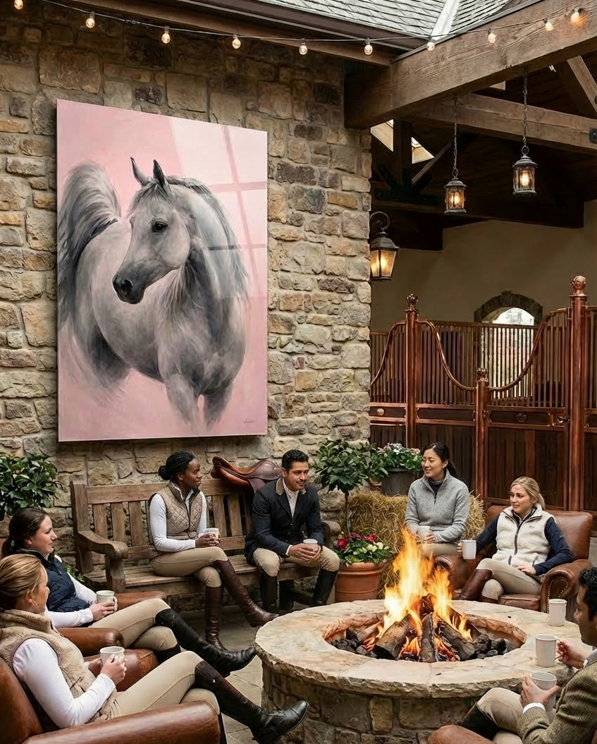 People gathered around a fire pit in a rustic indoor setting with a horse painting on the wall.