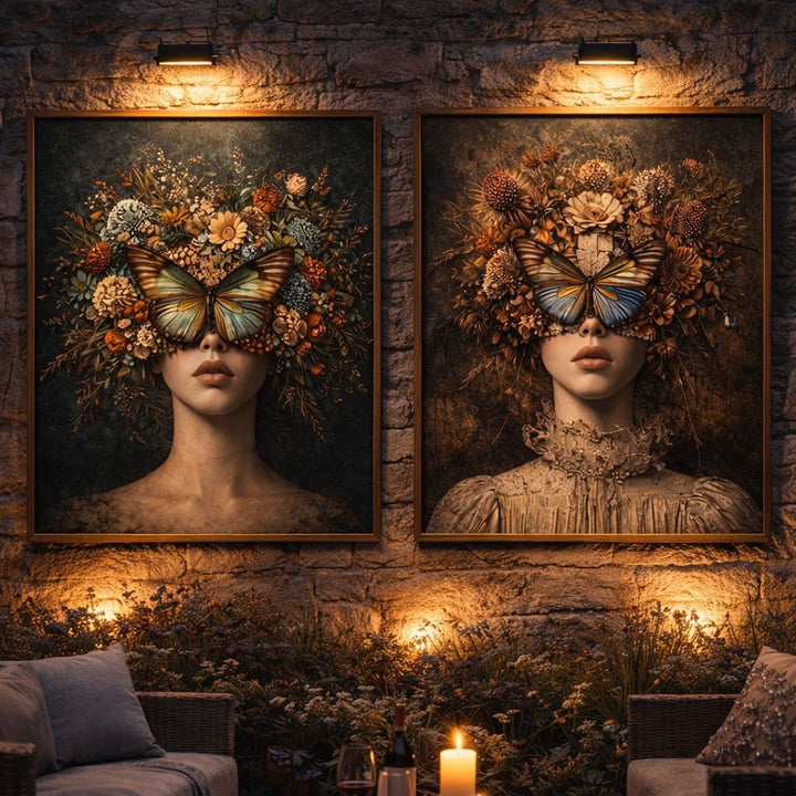 Two framed artworks of a woman's face with flowers and butterflies on a stone wall.