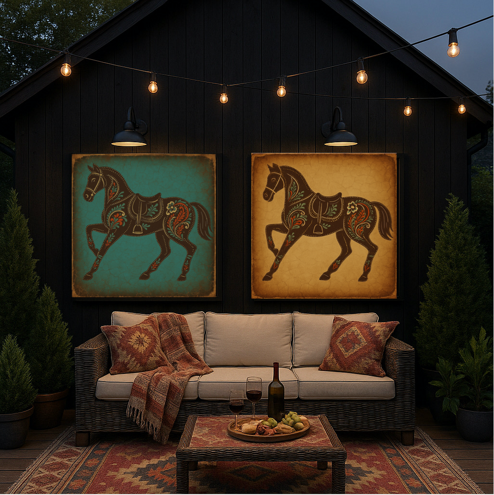 Outdoor patio with wicker sofa, decorative pillows, and framed horse artwork on a dark wooden wall.