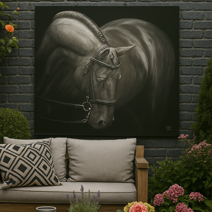 Outdoor acrylic print of a horse's head on a brick wall with a sofa and decorative elements below.