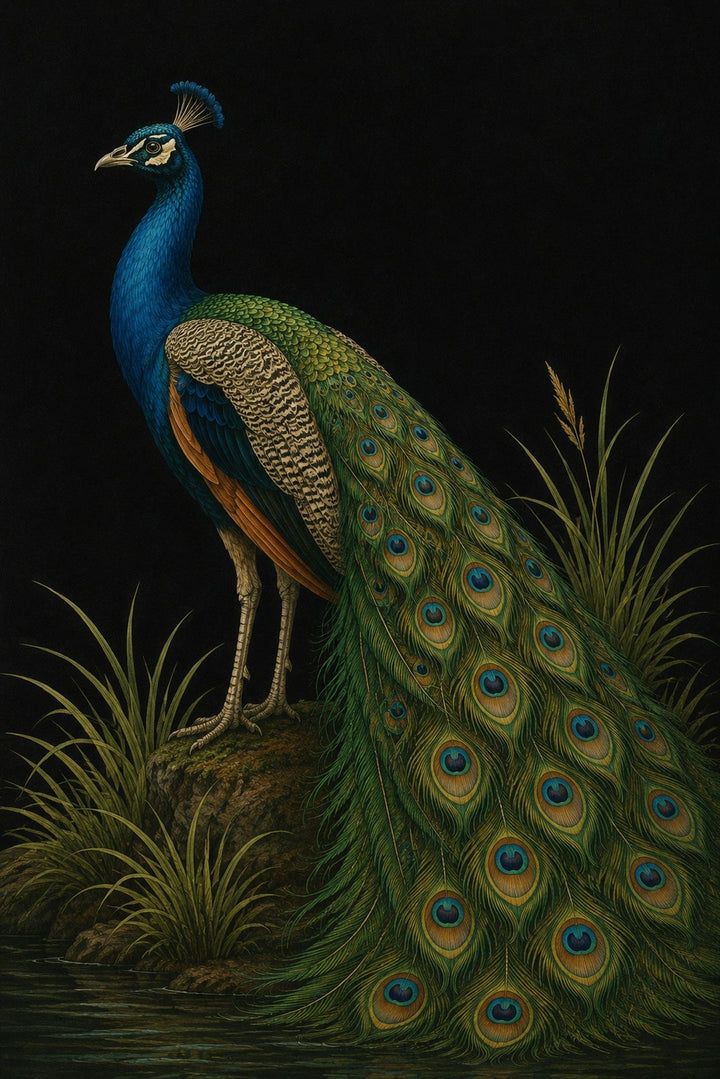 Detailed illustration of a peacock with vibrant colors on a dark background