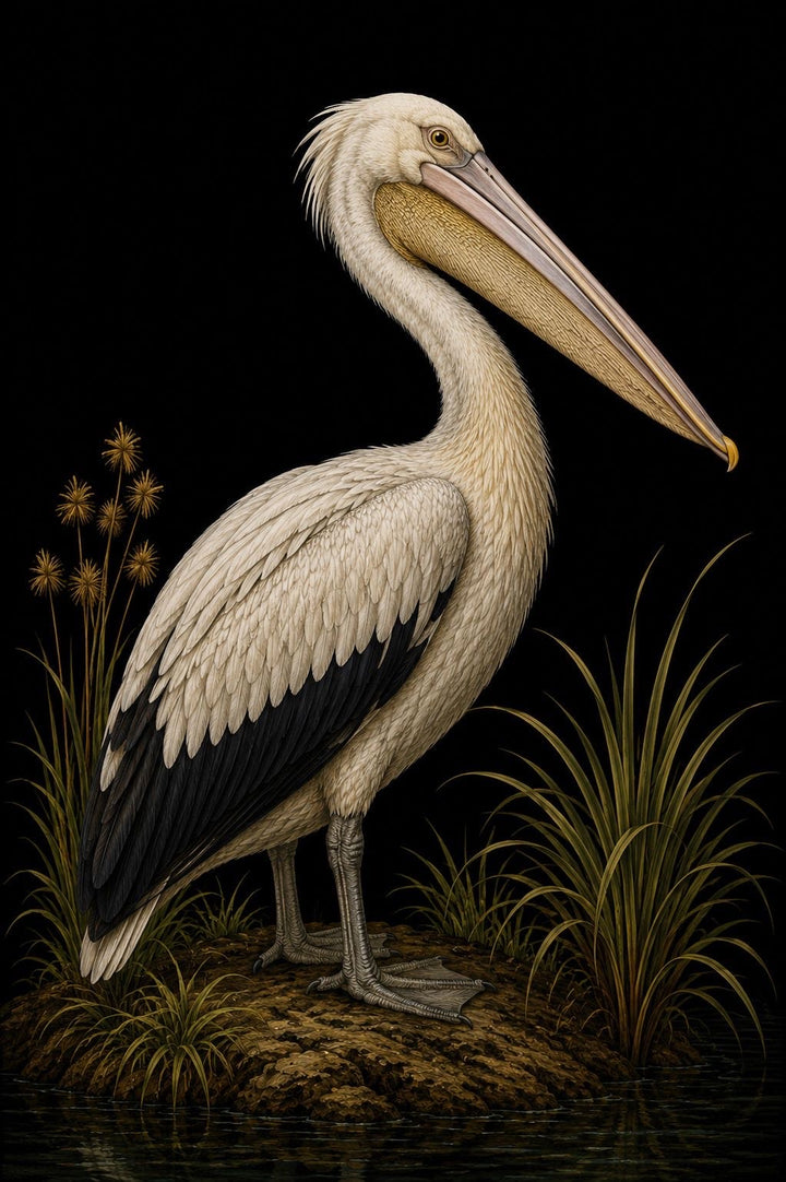 Illustration of a pelican standing on a rock with grasses in the background