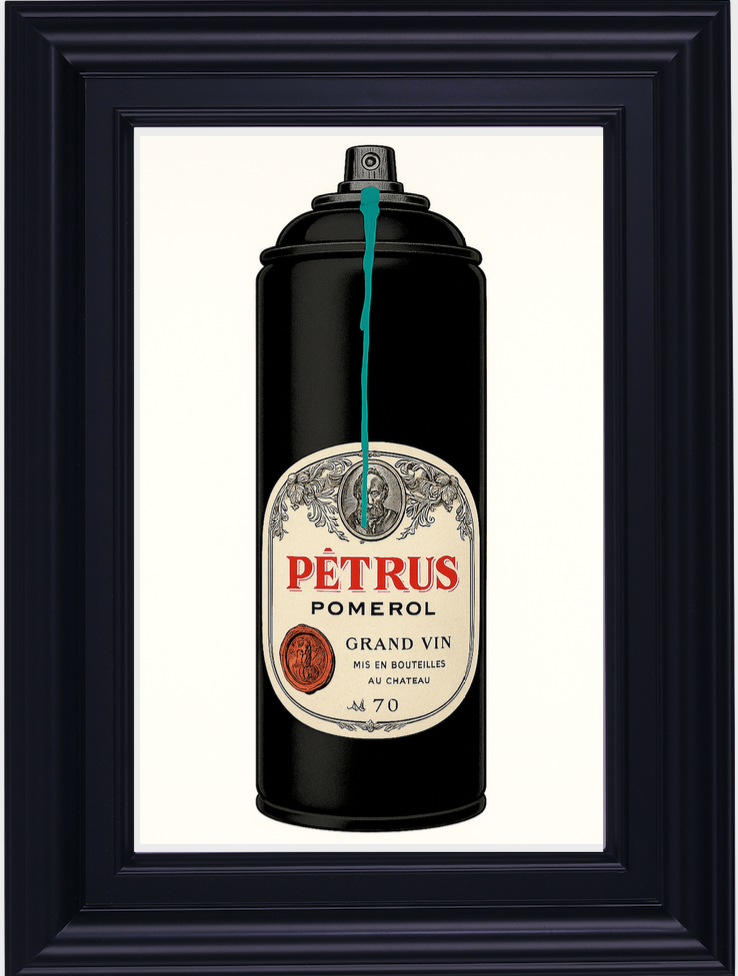 Framed artwork of a wine bottle label on a spray can with 'Petrus' branding.
