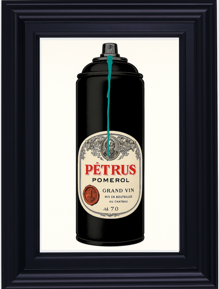 Framed artwork of a wine bottle label on a spray can with 'Petrus' branding.