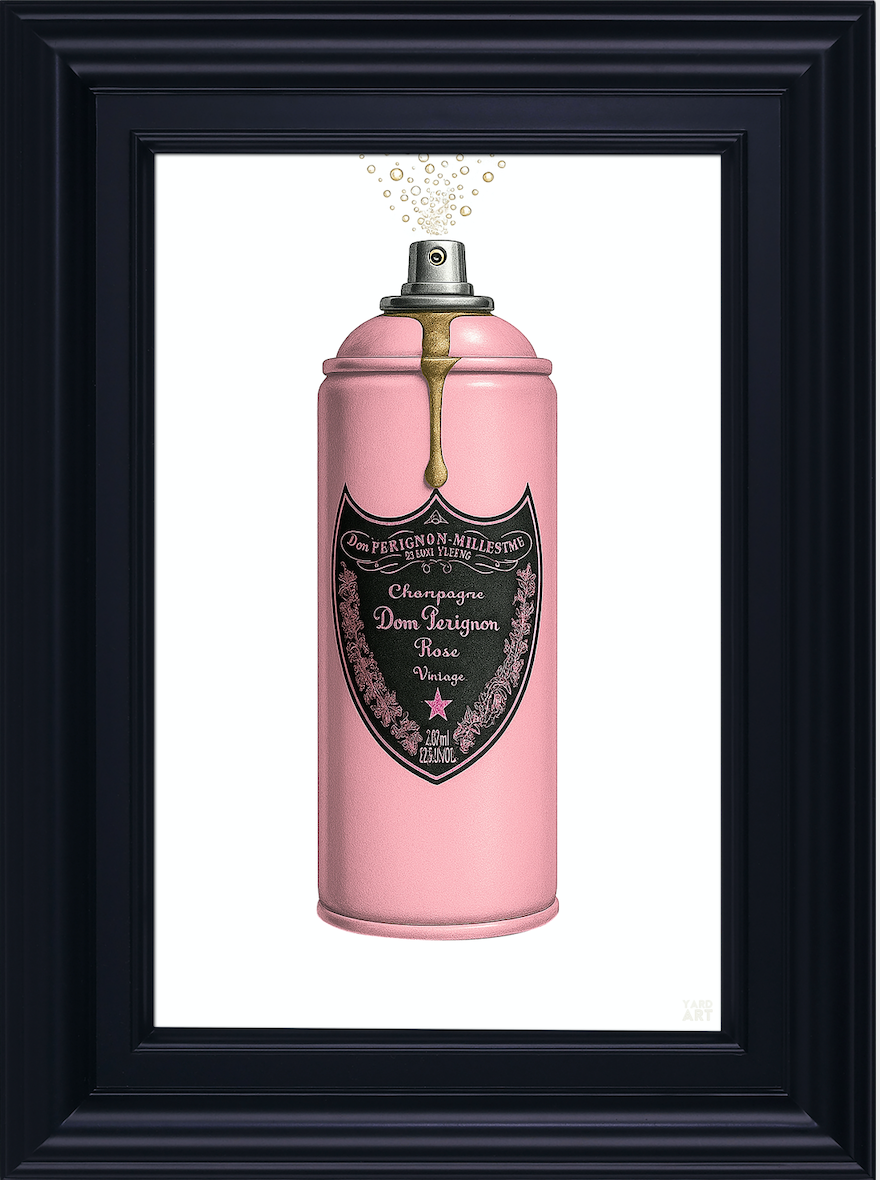 Pink spray can with black label resembling a famous brand, framed in black