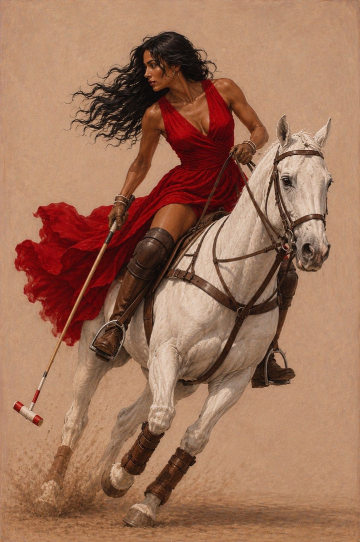 Woman in a red dress riding a white horse with a polo stick, on a beige background