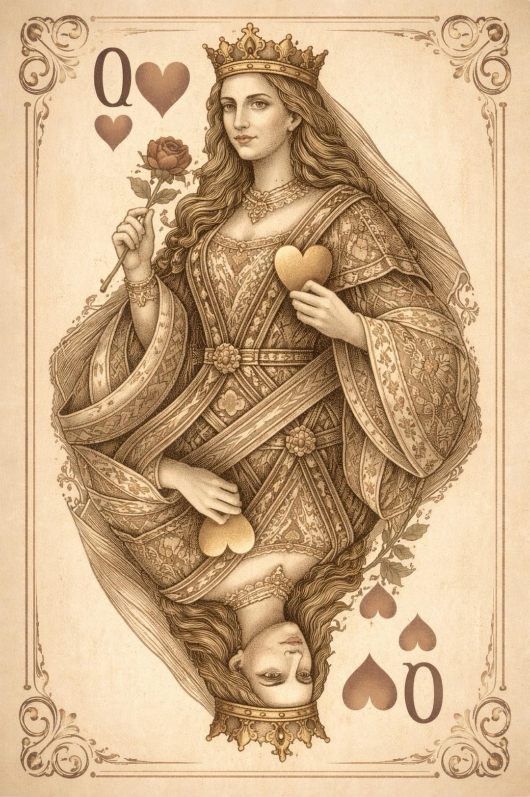 Illustration of a queen from a deck of cards with decorative elements on a beige background
