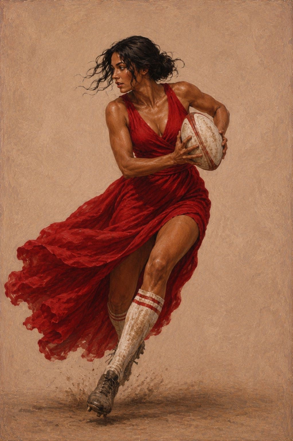 Woman in a red dress holding a rugby ball against a beige background