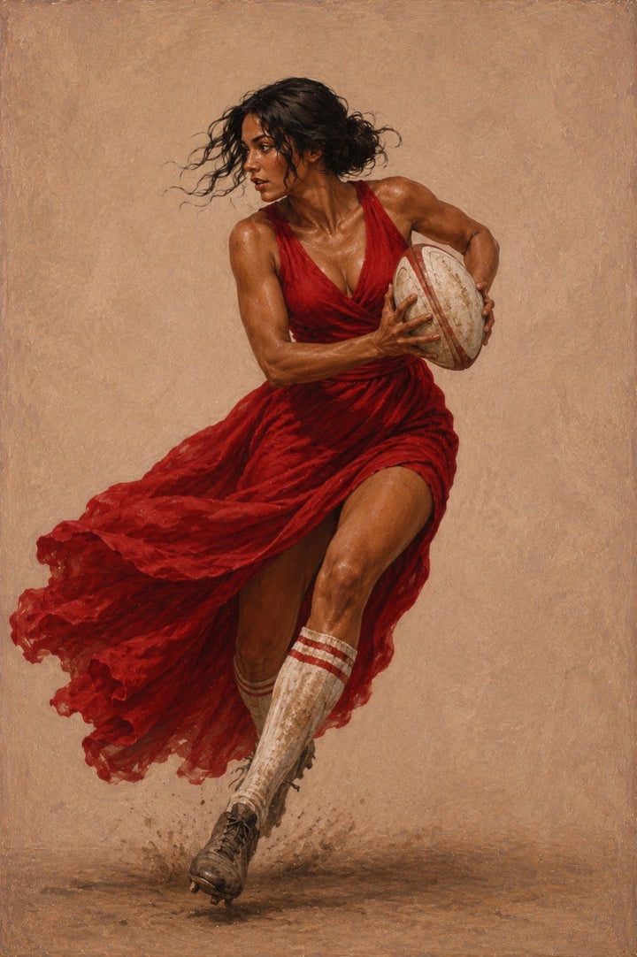 Woman in a red dress holding a rugby ball against a beige background