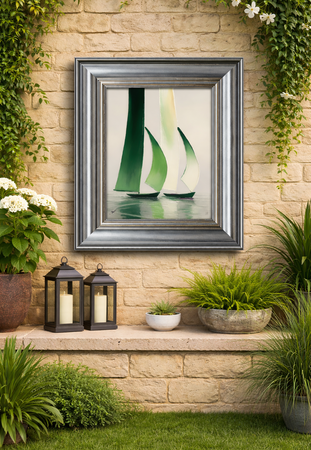 Framed artwork on a stone wall with plants and lanterns below