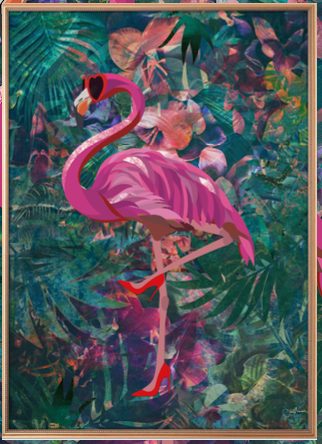 FLAMINGO IN TROPICAL FLOWER JUNGLE