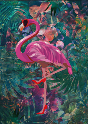 FLAMINGO IN TROPICAL FLOWER JUNGLE