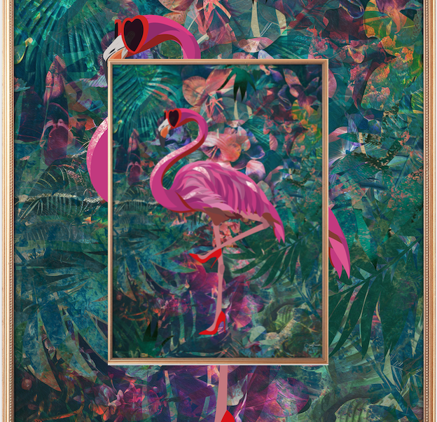 FLAMINGO IN TROPICAL FLOWER JUNGLE