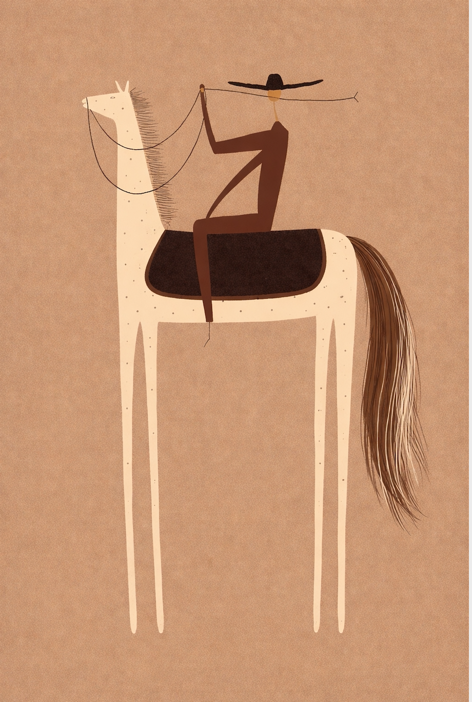 Simplified illustration of a person riding a horse on a beige background