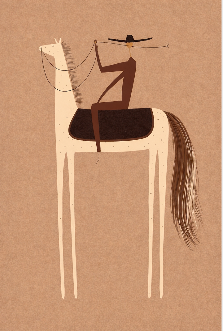 Simplified illustration of a person riding a horse on a beige background