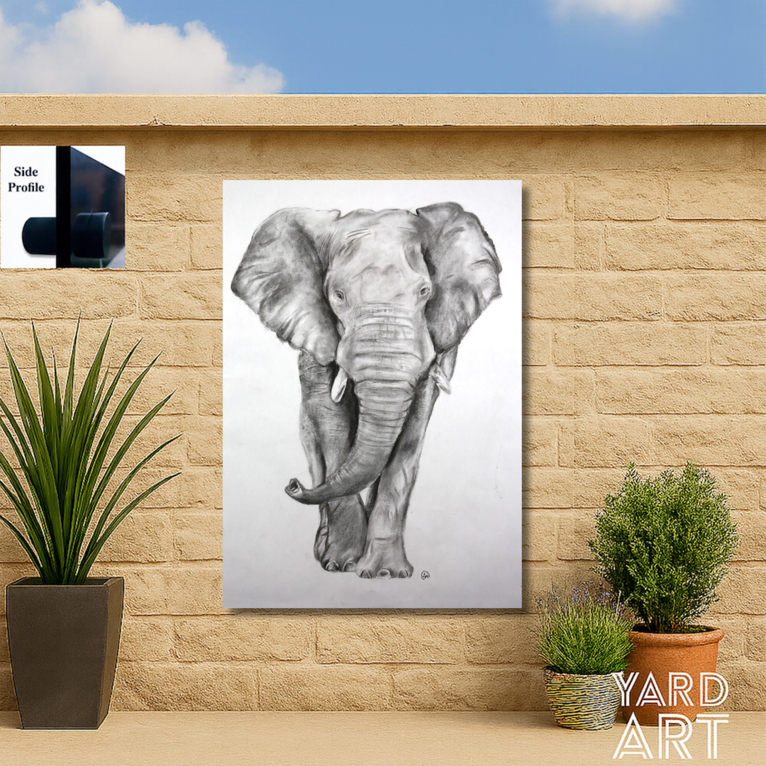 Canvas print of an elephant on a wall with plants and a clear sky.