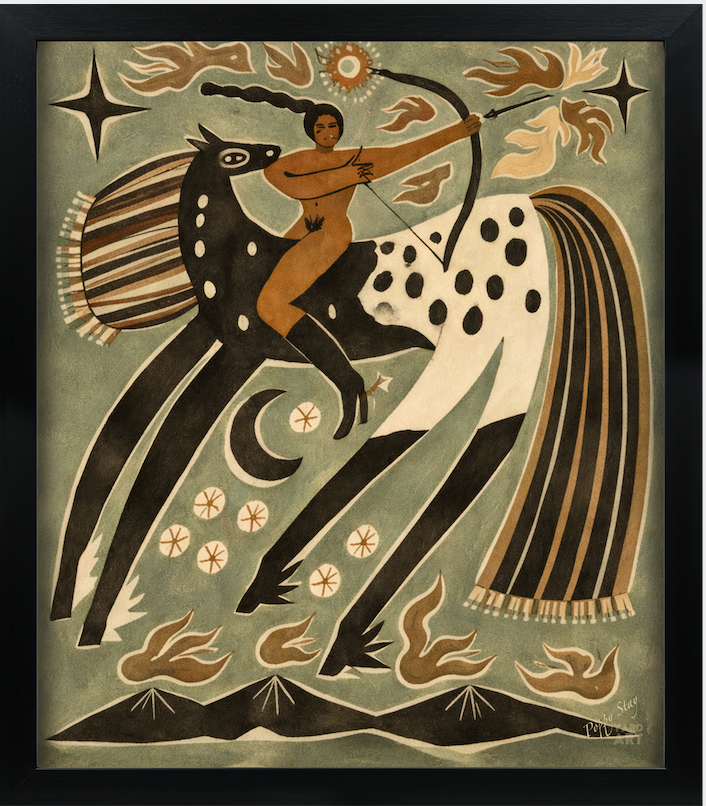 Artistic depiction of a centaur with a archer, surrounded by celestial elements and nature symbols.