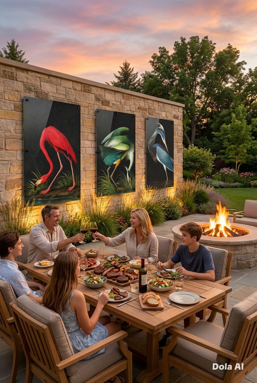 Family enjoying a meal outdoors with flamingo artwork on the wall and a fire pit in the background.