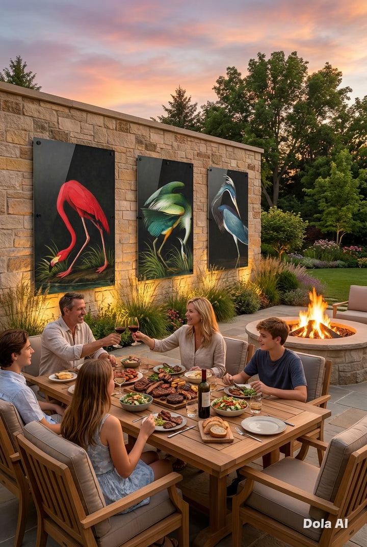 Family enjoying a meal outdoors with flamingo artwork on the wall and a fire pit in the background.