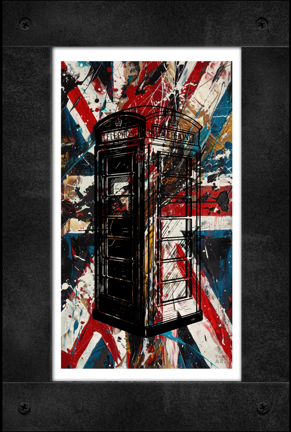 Phone booth with Union Jack design on a textured background