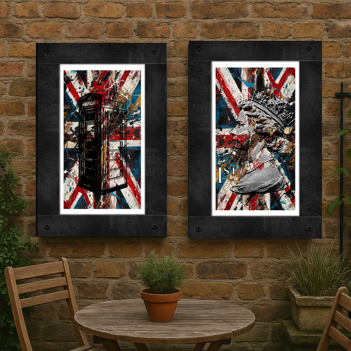 Two framed artworks with Union Jack design on a brick wall with outdoor furniture.