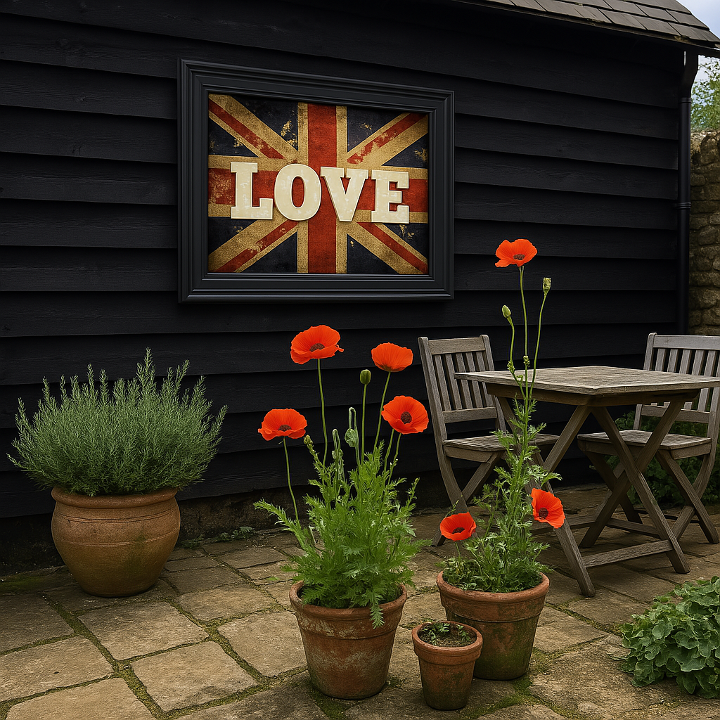 An outdoor setting featuring a large acrylic print with the word 'LOVE' displayed in bold letters against a weathered Union Jack flag backdrop, housed in a black frame. The print is accompanied by potted plants and outdoor furniture on a stone patio.