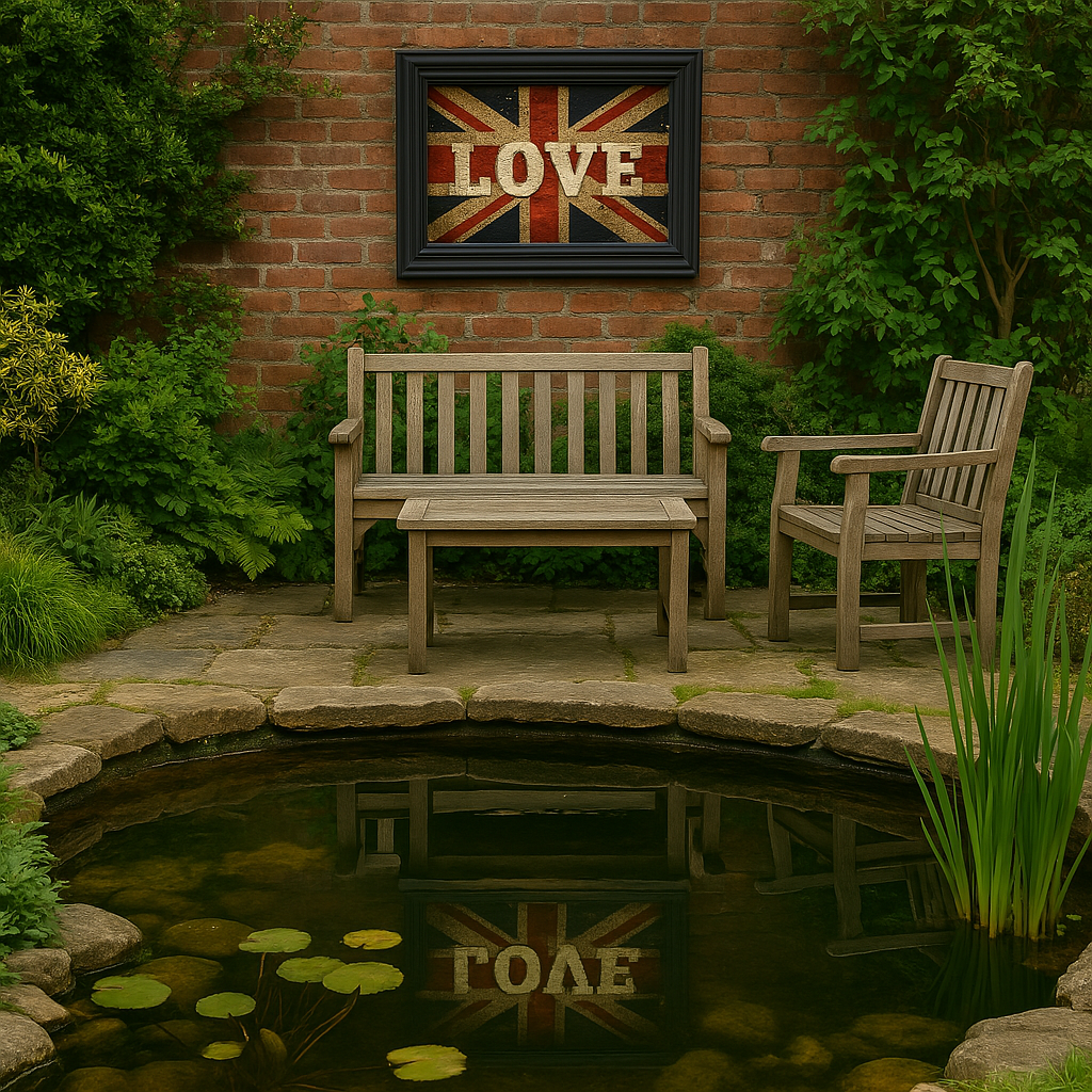 A garden setting featuring a wooden bench and chair next to a pond, with a wall-mounted 'LOVE' flag-themed artwork in a black frame.