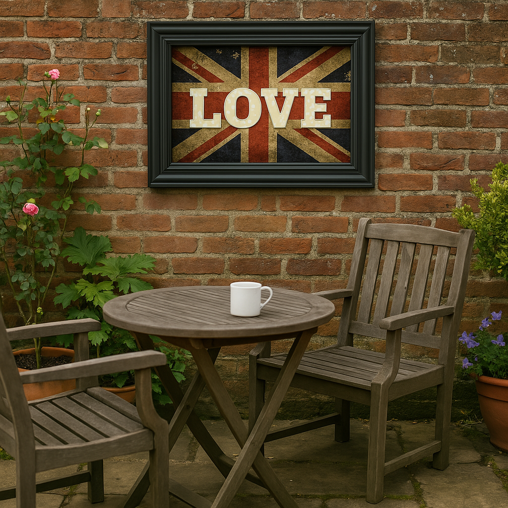 Outdoor crylic art of Union Jack Love print in garden 