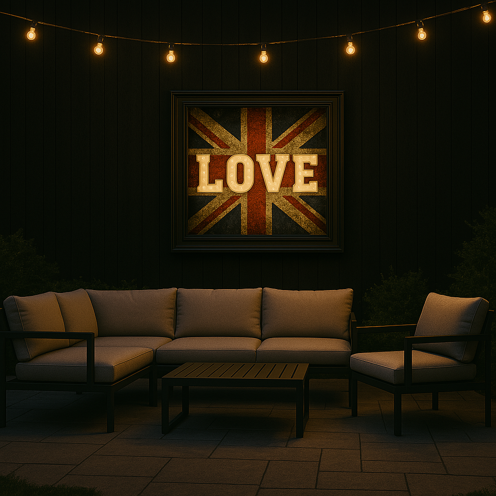 outdoor wall art of union jack love print for outside in the garden decorative
